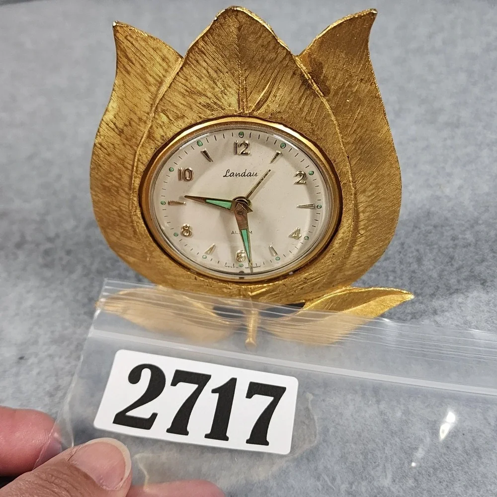 Vintage Landau Tulip Alarm Clock West Germany Gold Tone Hana Glow Hands